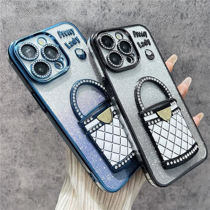 For iPhone 15 Pro Max Case Mirror Kickstand TPU+PC Gradient Glitter Phone Cover