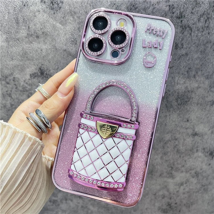 For iPhone 15 Pro Max Case Mirror Kickstand TPU+PC Gradient Glitter Phone Cover