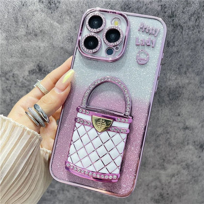 For iPhone 15 Pro Max Case Mirror Kickstand TPU+PC Gradient Glitter Phone Cover