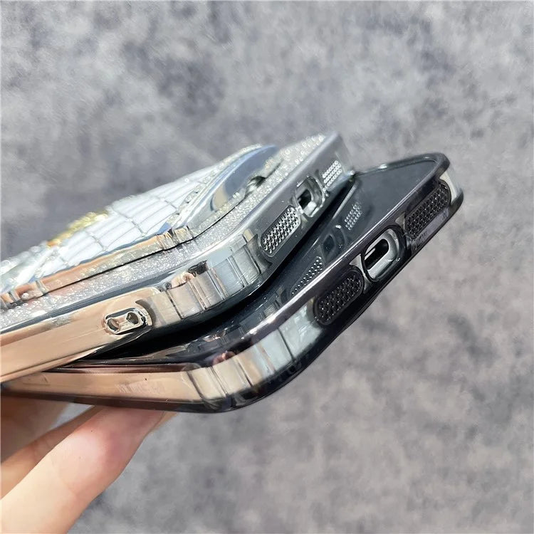 For iPhone 15 Pro Max Case Mirror Kickstand TPU+PC Gradient Glitter Phone Cover