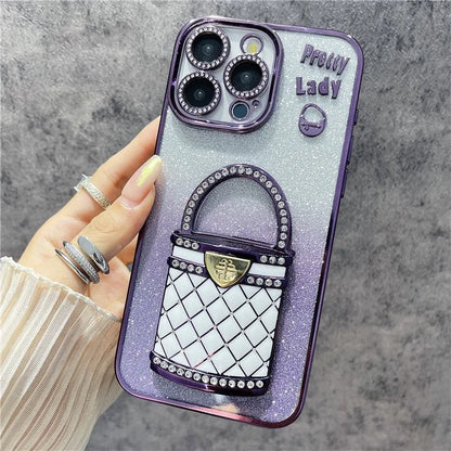 For iPhone 15 Pro Max Case Mirror Kickstand TPU+PC Gradient Glitter Phone Cover