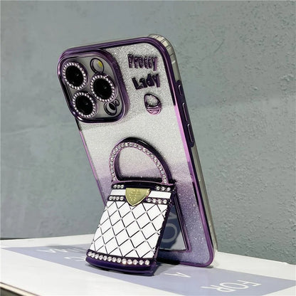 For iPhone 15 Pro Max Case Mirror Kickstand TPU+PC Gradient Glitter Phone Cover