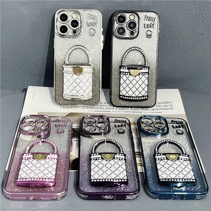 For iPhone 15 Pro Max Case Mirror Kickstand TPU+PC Gradient Glitter Phone Cover