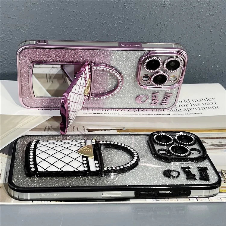 For iPhone 15 Pro Max Case Mirror Kickstand TPU+PC Gradient Glitter Phone Cover