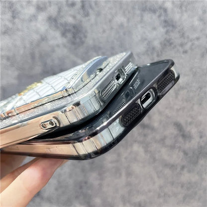For iPhone 15 Pro Max Case Mirror Kickstand TPU+PC Gradient Glitter Phone Cover
