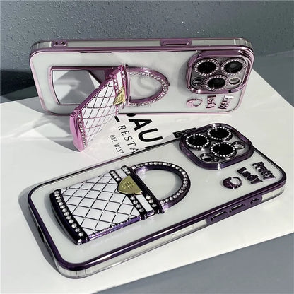 For iPhone 15 Pro Max Case Mirror Kickstand TPU+PC Mobile Back Cover Design