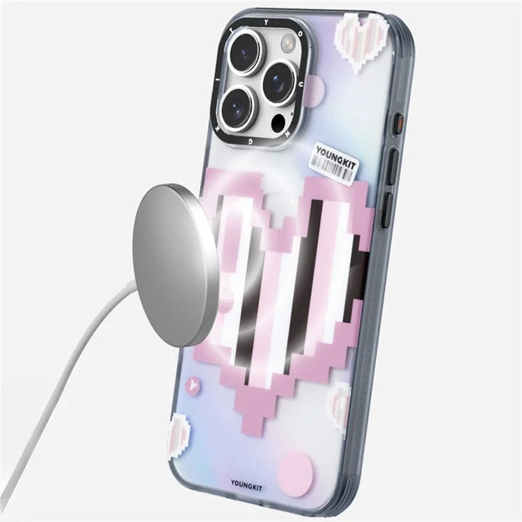 YOUNGKIT Pixel Heart Series for iPhone 16 Pro Magnetic Case IMD TPU Mobile Back Cover Design