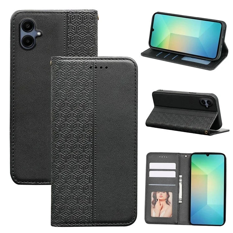 For Samsung Galaxy A06 Wallet Phone Case Strong Magnetic Checkered Pattern Imprint Leather Flip Cover