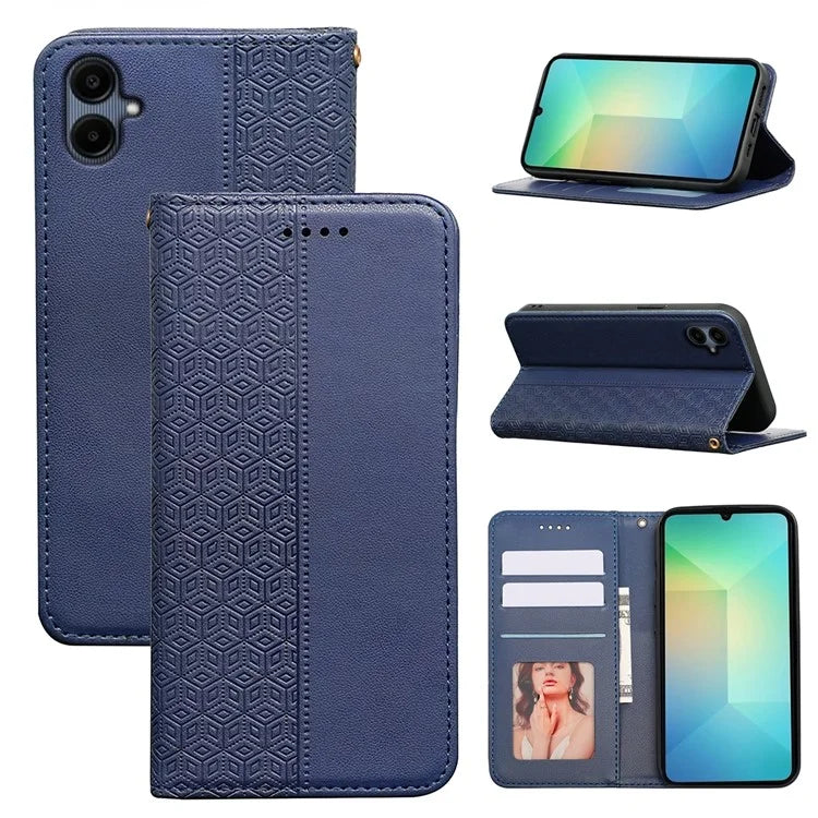 For Samsung Galaxy A06 Wallet Phone Case Strong Magnetic Checkered Pattern Imprint Leather Flip Cover