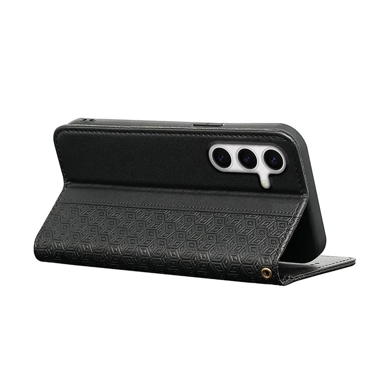 For Samsung Galaxy S24 FE Wallet Phone Case Strong Magnetic Checkered Pattern Imprint Leather Flip Cover