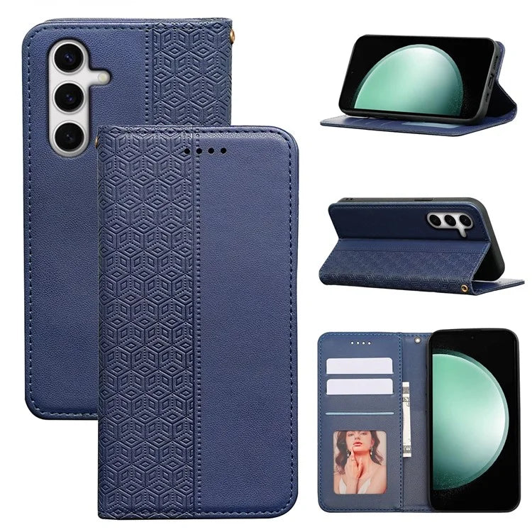 For Samsung Galaxy S24 FE Wallet Phone Case Strong Magnetic Checkered Pattern Imprint Leather Flip Cover