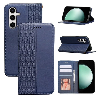 For Samsung Galaxy S24 FE Wallet Phone Case Strong Magnetic Checkered Pattern Imprint Leather Flip Cover