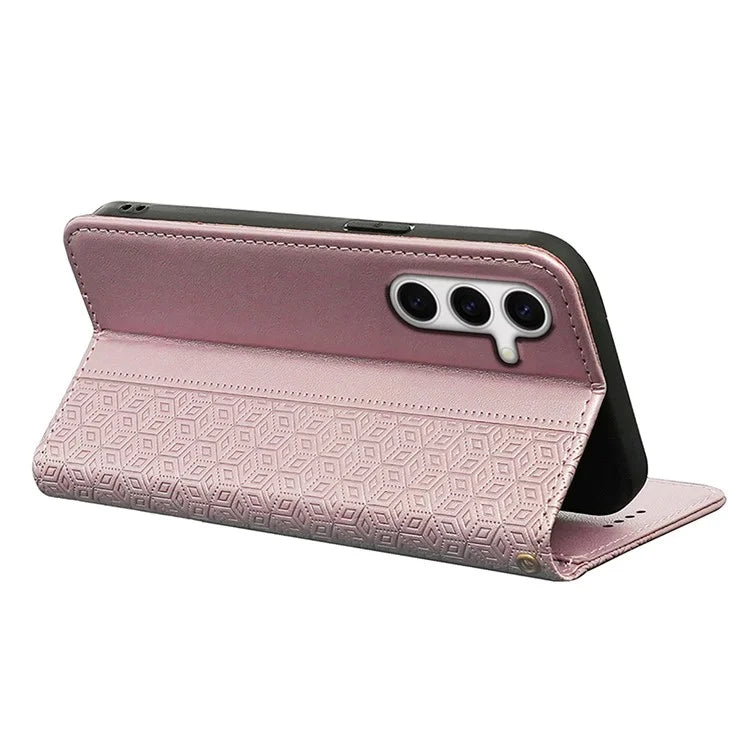For Samsung Galaxy S24 FE Wallet Phone Case Strong Magnetic Checkered Pattern Imprint Leather Flip Cover