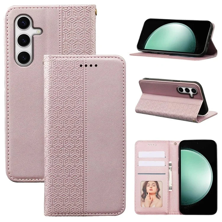 For Samsung Galaxy S24 FE Wallet Phone Case Strong Magnetic Checkered Pattern Imprint Leather Flip Cover
