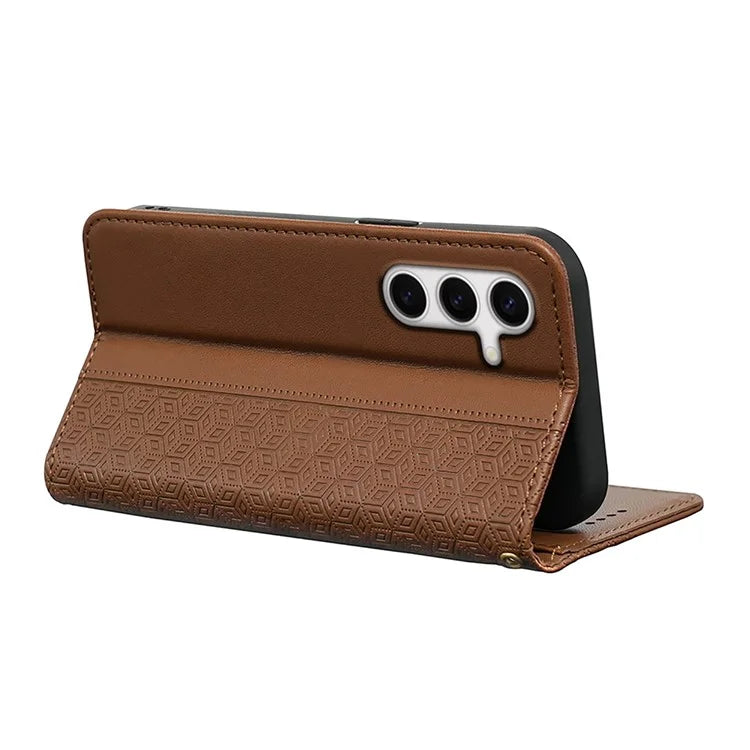 For Samsung Galaxy S24 FE Wallet Phone Case Strong Magnetic Checkered Pattern Imprint Leather Flip Cover