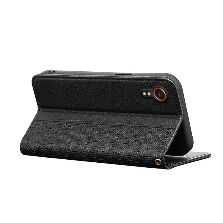 For Samsung Galaxy Xcover7 Wallet Phone Case Strong Magnetic Checkered Pattern Imprint Leather Flip Cover