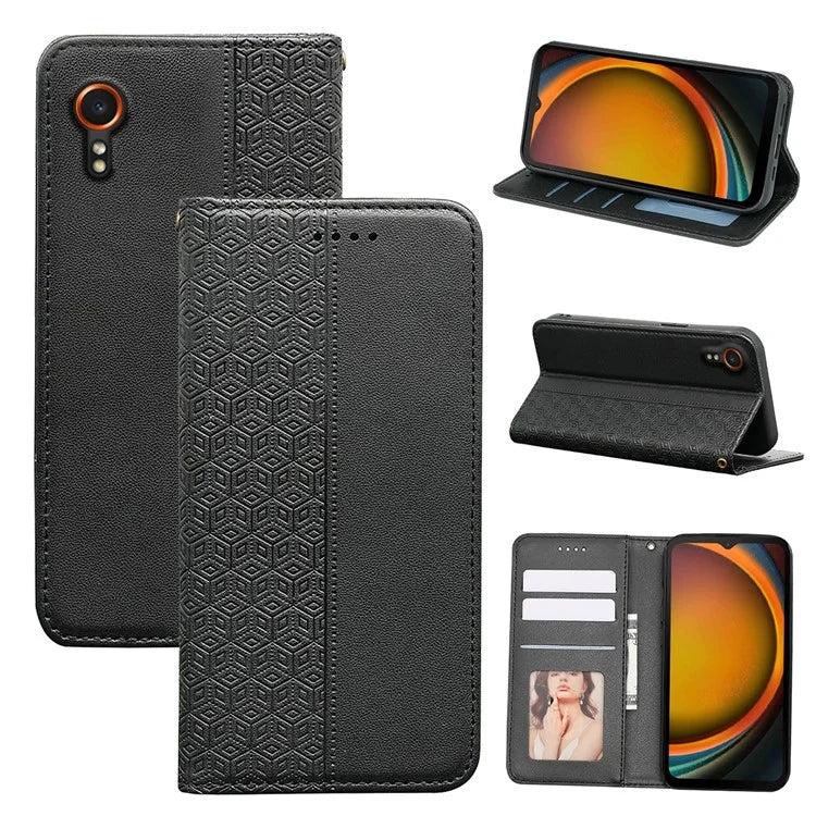 For Samsung Galaxy Xcover7 Wallet Phone Case Strong Magnetic Checkered Pattern Imprint Leather Flip Cover