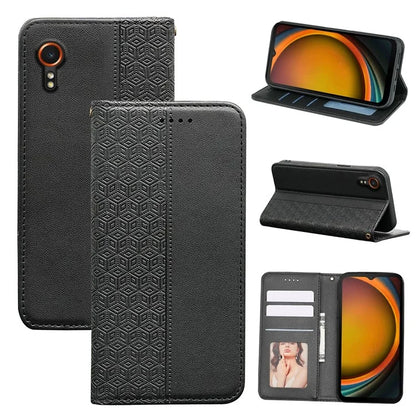 For Samsung Galaxy Xcover7 Wallet Phone Case Strong Magnetic Checkered Pattern Imprint Leather Flip Cover