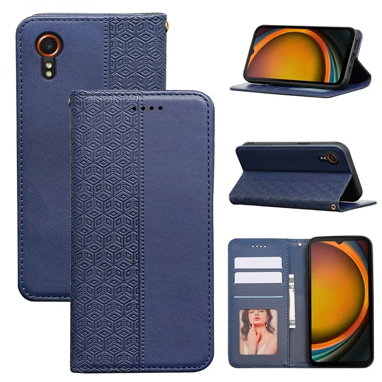 For Samsung Galaxy Xcover7 Wallet Phone Case Strong Magnetic Checkered Pattern Imprint Leather Flip Cover