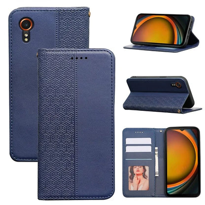 For Samsung Galaxy Xcover7 Wallet Phone Case Strong Magnetic Checkered Pattern Imprint Leather Flip Cover