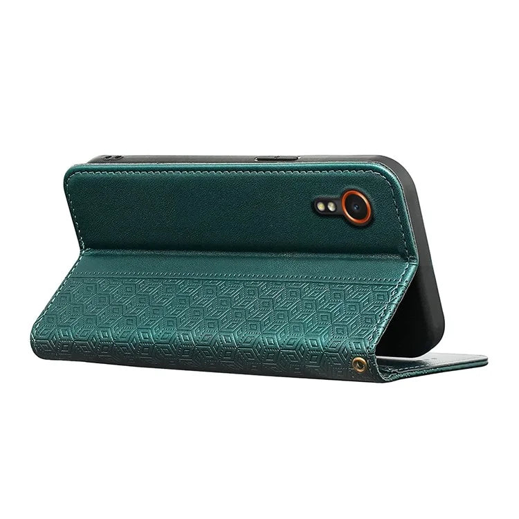 For Samsung Galaxy Xcover7 Wallet Phone Case Strong Magnetic Checkered Pattern Imprint Leather Flip Cover