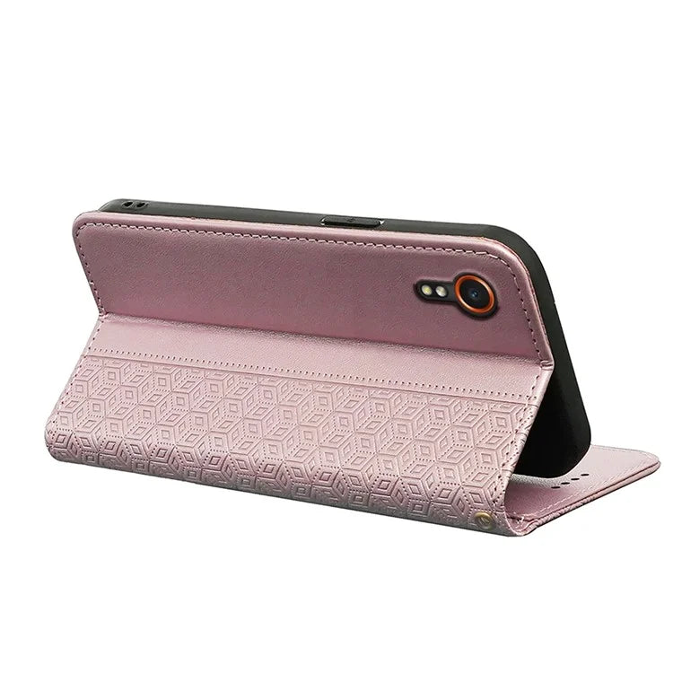 For Samsung Galaxy Xcover7 Wallet Phone Case Strong Magnetic Checkered Pattern Imprint Leather Flip Cover