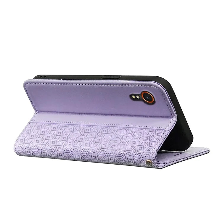 For Samsung Galaxy Xcover7 Wallet Phone Case Strong Magnetic Checkered Pattern Imprint Leather Flip Cover
