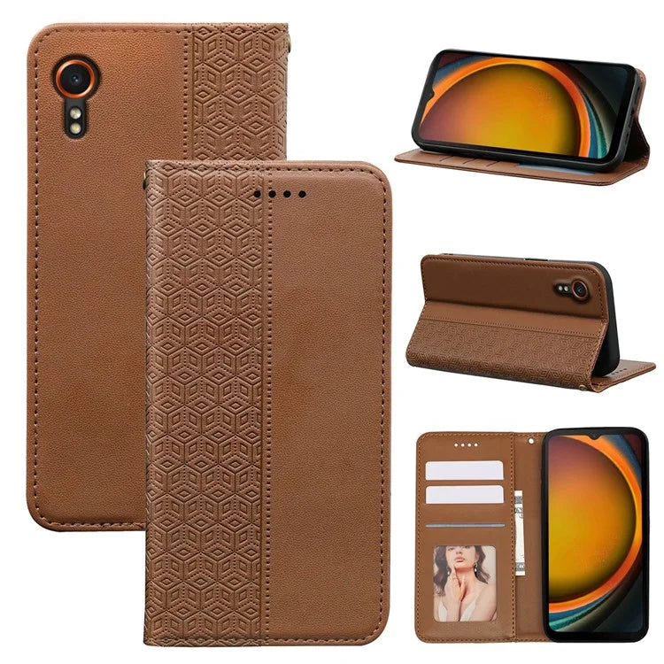 For Samsung Galaxy Xcover7 Wallet Phone Case Strong Magnetic Checkered Pattern Imprint Leather Flip Cover