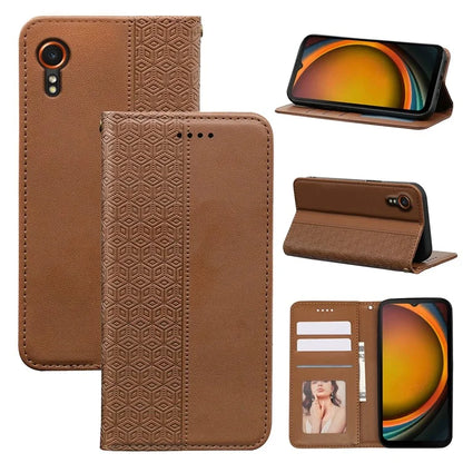 For Samsung Galaxy Xcover7 Wallet Phone Case Strong Magnetic Checkered Pattern Imprint Leather Flip Cover