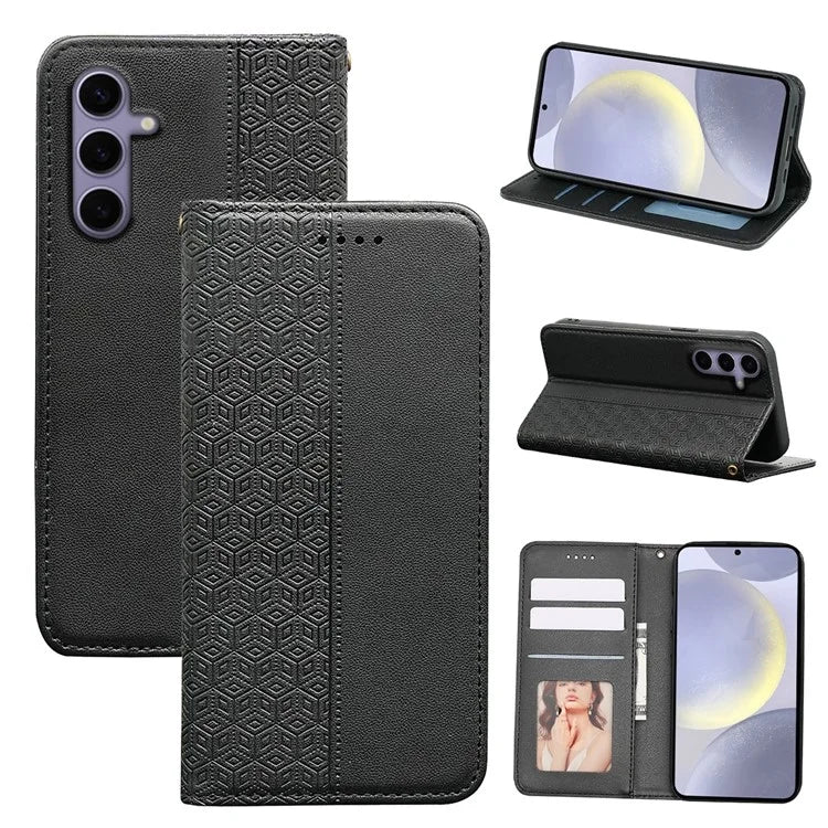 For Samsung Galaxy S24+ Wallet Phone Case Strong Magnetic Checkered Pattern Imprint Leather Flip Cover