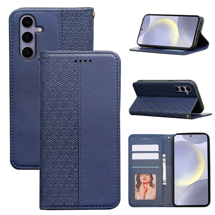 For Samsung Galaxy S24+ Wallet Phone Case Strong Magnetic Checkered Pattern Imprint Leather Flip Cover