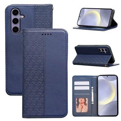 For Samsung Galaxy S24+ Wallet Phone Case Strong Magnetic Checkered Pattern Imprint Leather Flip Cover
