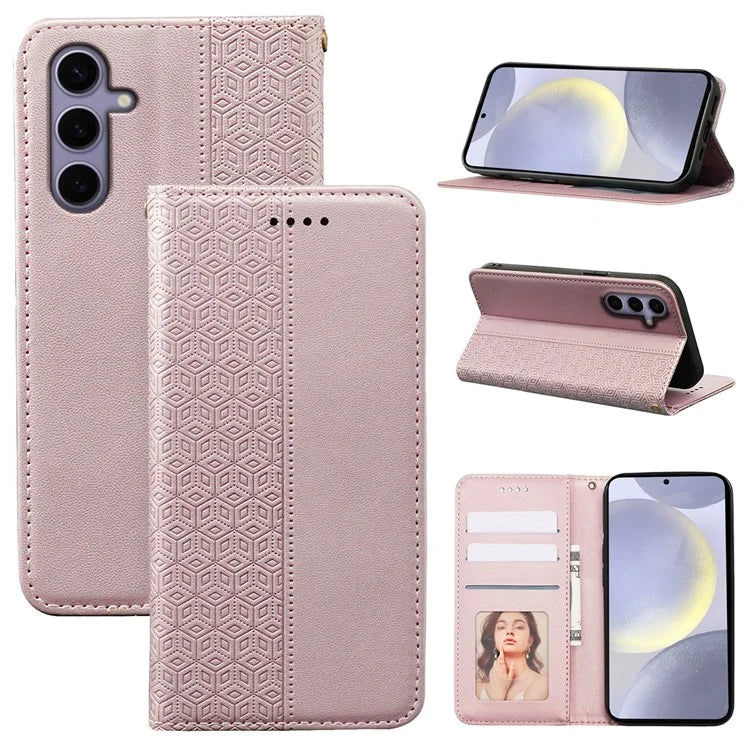 For Samsung Galaxy S24+ Wallet Phone Case Strong Magnetic Checkered Pattern Imprint Leather Flip Cover