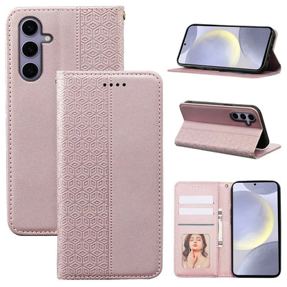 For Samsung Galaxy S24+ Wallet Phone Case Strong Magnetic Checkered Pattern Imprint Leather Flip Cover