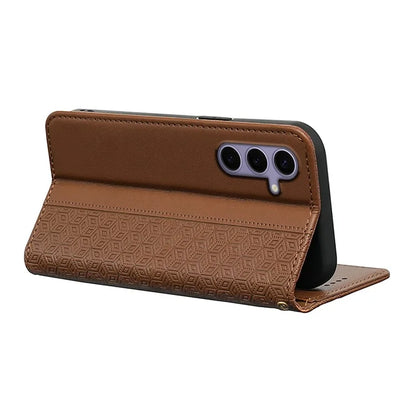 For Samsung Galaxy S24+ Wallet Phone Case Strong Magnetic Checkered Pattern Imprint Leather Flip Cover
