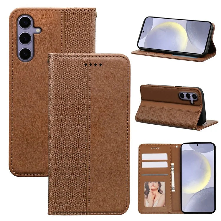 For Samsung Galaxy S24+ Wallet Phone Case Strong Magnetic Checkered Pattern Imprint Leather Flip Cover