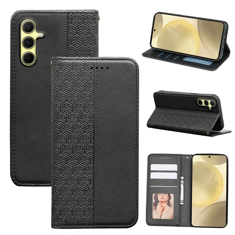 For Samsung Galaxy S24 Wallet Phone Case Strong Magnetic Checkered Pattern Imprint Leather Flip Cover