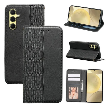 For Samsung Galaxy S24 Wallet Phone Case Strong Magnetic Checkered Pattern Imprint Leather Flip Cover