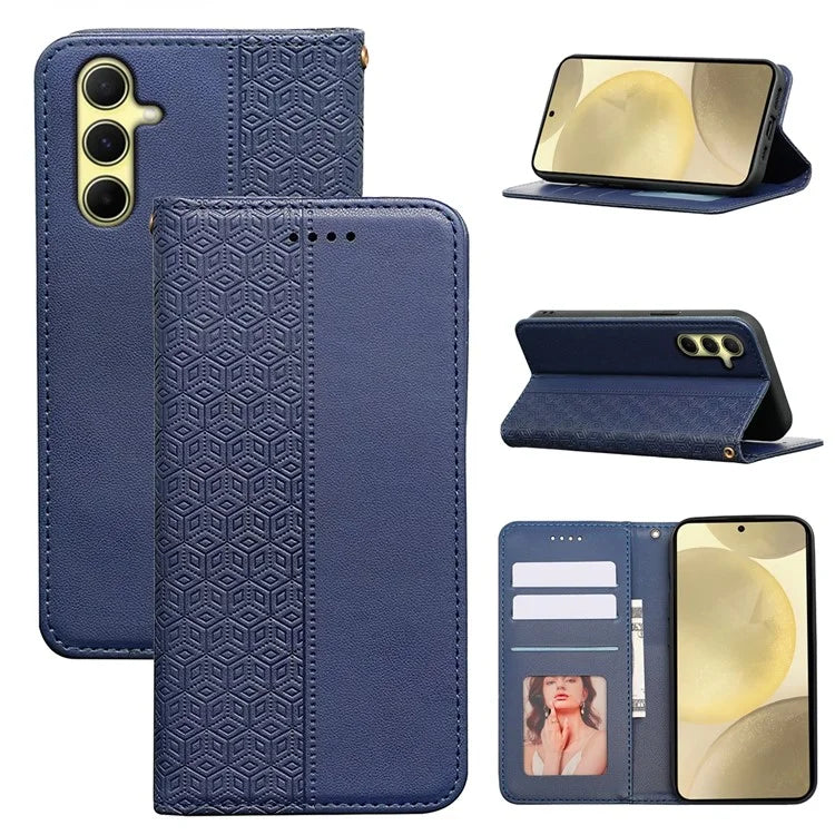 For Samsung Galaxy S24 Wallet Phone Case Strong Magnetic Checkered Pattern Imprint Leather Flip Cover