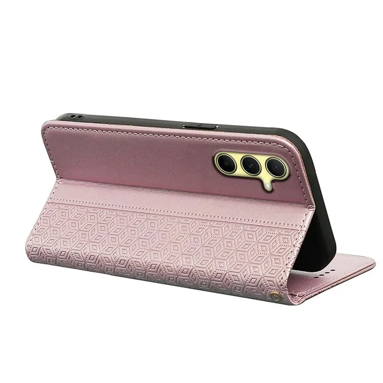 For Samsung Galaxy S24 Wallet Phone Case Strong Magnetic Checkered Pattern Imprint Leather Flip Cover