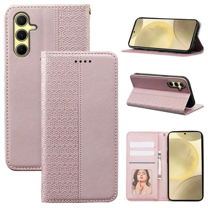 For Samsung Galaxy S24 Wallet Phone Case Strong Magnetic Checkered Pattern Imprint Leather Flip Cover