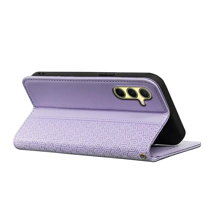 For Samsung Galaxy S24 Wallet Phone Case Strong Magnetic Checkered Pattern Imprint Leather Flip Cover