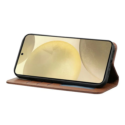 For Samsung Galaxy S24 Wallet Phone Case Strong Magnetic Checkered Pattern Imprint Leather Flip Cover