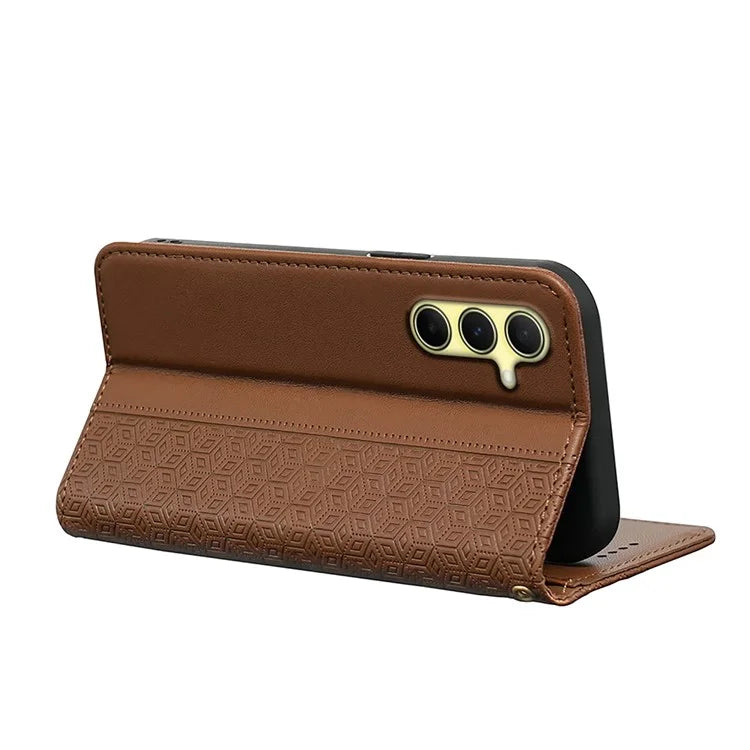 For Samsung Galaxy S24 Wallet Phone Case Strong Magnetic Checkered Pattern Imprint Leather Flip Cover