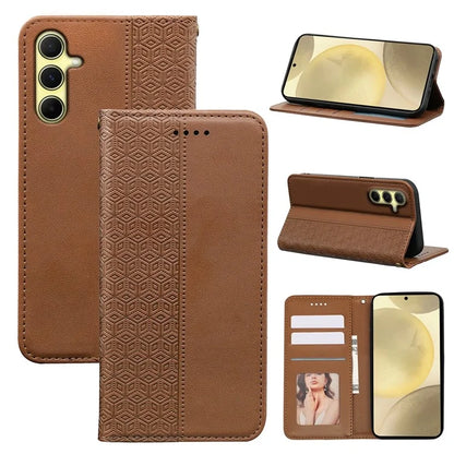 For Samsung Galaxy S24 Wallet Phone Case Strong Magnetic Checkered Pattern Imprint Leather Flip Cover