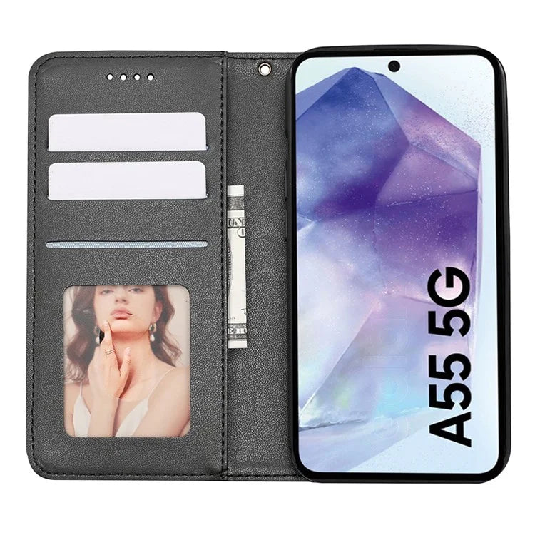 For Samsung Galaxy A55 5G Wallet Phone Case Strong Magnetic Checkered Pattern Imprint Leather Flip Cover