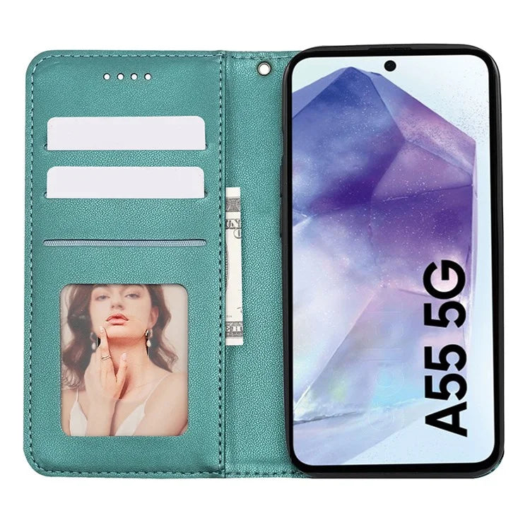 For Samsung Galaxy A55 5G Wallet Phone Case Strong Magnetic Checkered Pattern Imprint Leather Flip Cover