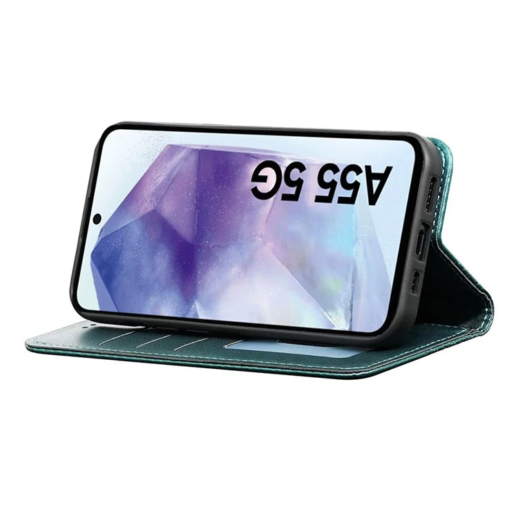 For Samsung Galaxy A55 5G Wallet Phone Case Strong Magnetic Checkered Pattern Imprint Leather Flip Cover