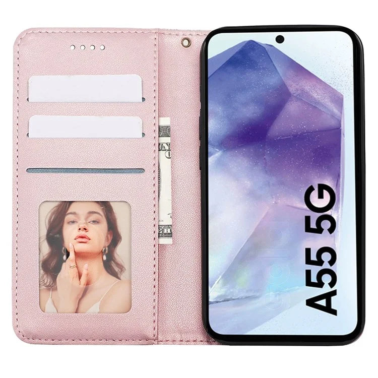 For Samsung Galaxy A55 5G Wallet Phone Case Strong Magnetic Checkered Pattern Imprint Leather Flip Cover
