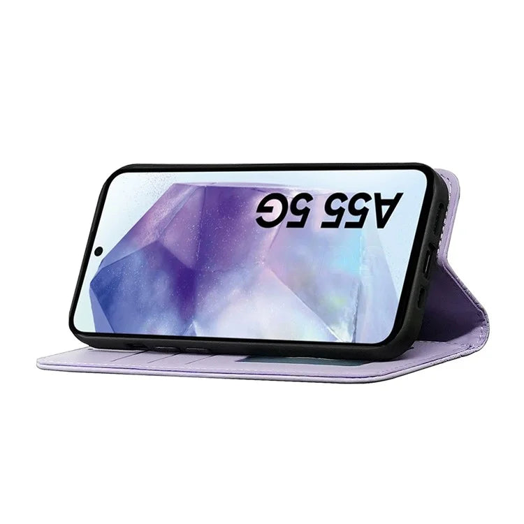 For Samsung Galaxy A55 5G Wallet Phone Case Strong Magnetic Checkered Pattern Imprint Leather Flip Cover